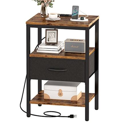 SUPERJARE Nightstand with Charging Station, Bed Side Table with Adjustable Fabric Drawer, 3-Tier Night Stand for Bedroom, Storage End Table, Fabr