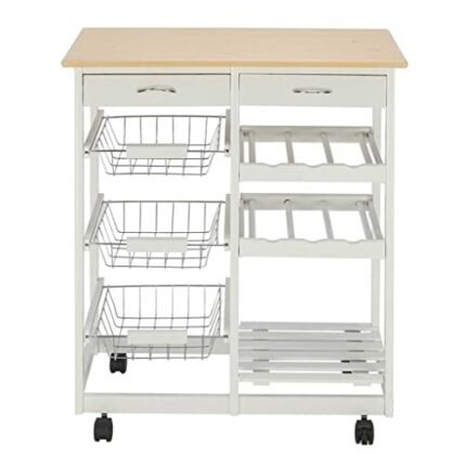 DSHGDJF Moveable Kitchen Cart With Two Drawers & Two Wine Racks & Three Baskets White With Trolley Cart Dining