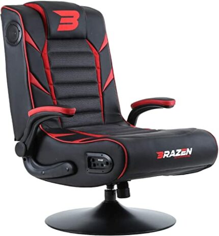 BraZen Panther 2.1 Esports Gaming Chairs Adult Bluetooth Speakers Vibration Swivel Pedestal PU Leather Padded Flip Armrests (Red) - Largest Briti