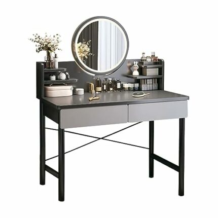 HAWEWE Makeup Vanity Desk With Round Mirror And Lights Gray Dressing Table 3 Lighting Brightness Vanity Makeup Table For Bedroom