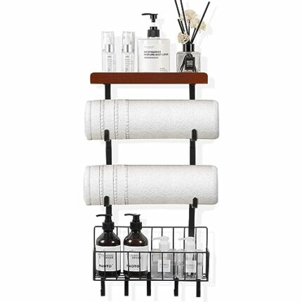 WPAJIRZO Towel Rail for Bathroom, Bath Towel Holder Wall with Wooden Shelf, Metal Basket and 5 Hooks, Towel Rack, Towel Rack Organiser for Wall M