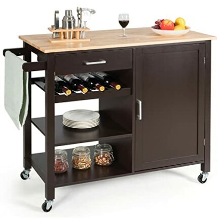 DSHGDJF 4-tier Wood Kitchen Island Trolley Cart Storage Cabinet W/Wine Rack & Drawer
