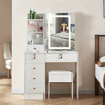 Saihemei Makeup Vanity with LED Lights Vanity Desk with Sliding Mirror and 3 Color Lights Adjustable Brightness, Vanity Table with Storage Drawer