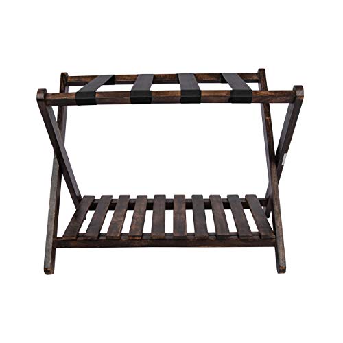 Penguin Home Luggage Rack - Crafted in Quality Mango Wood with Burnt Wood Finish - Foldable with easy Assembly - 2 Tiered Suitcase Rack - Size L6