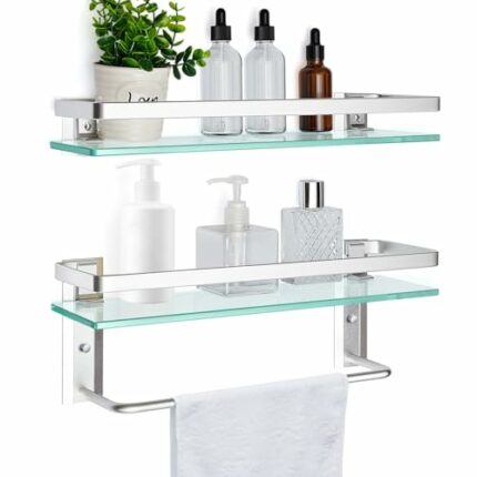 Suzile 2 Pcs Glass Bathroom Shelf with Towel Bar 15.7 in Glass Shelf for Bathroom Bar Shelf with Rail Glass Floating Shelves Bathroom Shelving Wa