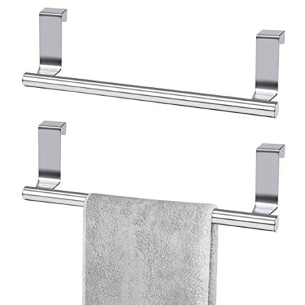 2 Pcs Stainless Steel Towel Holder, Over Door Towel Rail with Protective Strip, Towel Bar Holder, Silver Dish Towel rack for Kitchen Bathroom Cup