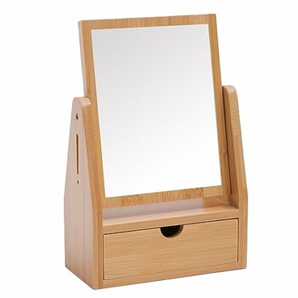 Bamboo Vanity Makeup Mirror with Storage, 1X/3X Magnification Double Sided 360 Drgree Swivel Mirror, Natural Bamboo Frame & Bracket, Table Desk C