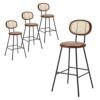 Farini Bar Stools Set of 4, Handwoven Rattan Back Industrial Modern Counter Height Dining Chairs with Faux Leather Seats
