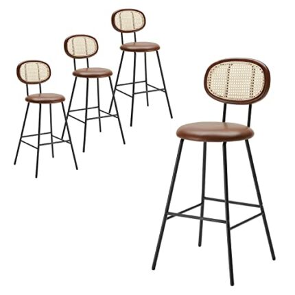 Farini Bar Stools Set of 4, Handwoven Rattan Back Industrial Modern Counter Height Dining Chairs with Faux Leather Seats