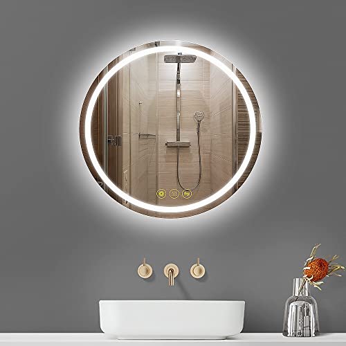 ICYWANG Round Bathroom Mirror with Led Light 400mm lluminated Wall Mounted Vanity Mirror with Demister, 3 Colors Temperature,Touch Switch, Dimmab