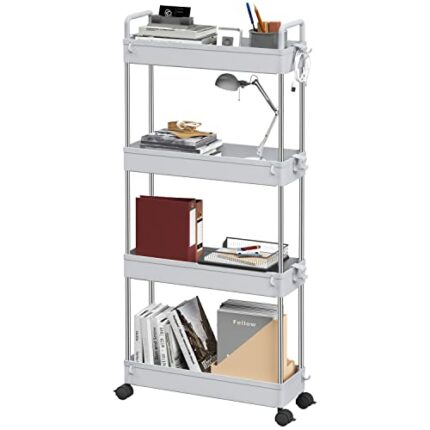 Ronlap 4 Tier Storage Trolley On Wheels, Narrow Kitchen Storage Unit with Handle Hook Lock Wheels, Slim Storage Trolley for Kitchen Bathroom Laun