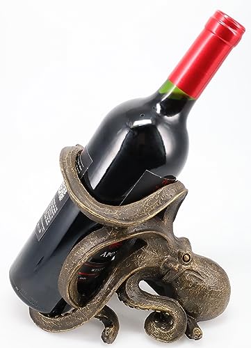 Top Brass Octopus Wine Bottle Holder - Tabletop Bar Counter Decorative Nautical Art Display - Kraken Statue Sculpture