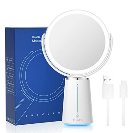 CHICLEW Cosmetic Mirror with Lighting, Illuminated Magnifying Mirror 10X/1X, Double-Sided LED Table Mirror 360° Rotation, USB Rechargeable Makeup