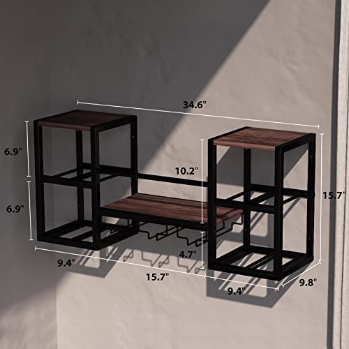 CRUDATE Hanging Wine Rack Wall Mounted, Floating Liquor Bottle Shelf with 3 Team Glass Holder Wine Shelf Bar Shelves Stemware Rack for Wall Wine