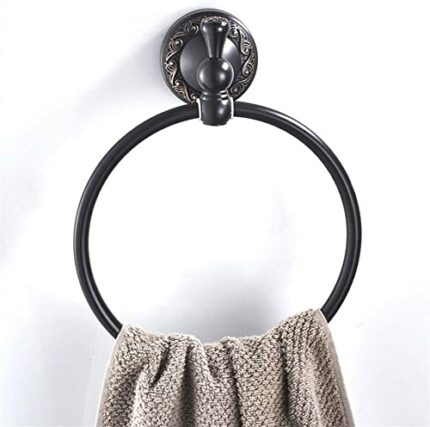RAKUTE Anit-Rust Bathroom Towel Holder, Solid Copper Wall-Mounted Round Black Towel Ring,Classic Towel Rack with Flower Carved Bathroom Ring