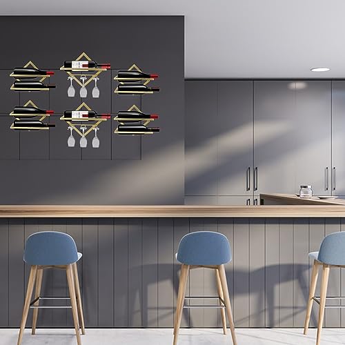 EATHEATY 2 Pack Metal Wall Mounted Wine Holder, Foldable Gold Hanging Wall Wine Rack Storage with Stem Glass Holders, Red Wine Bottle Display Han