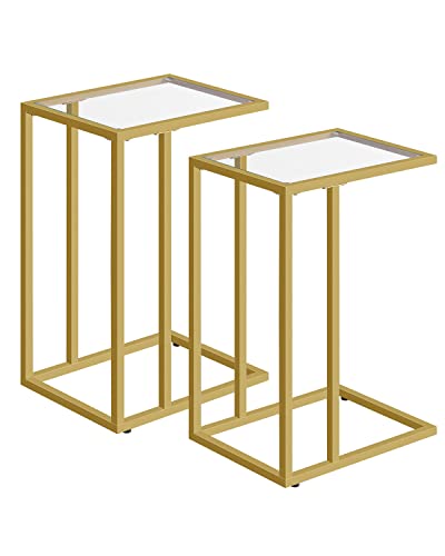 HOOBRO Side Table C Shaped, Set of 2, Gold Side Table, Tempered Glass Sofa Side Table, Under Sofa Table, Small Coffee Table with Metal Frame, Sma
