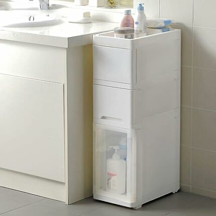 OPSREY 3 Tier Bathroom Floor Storage Cabinet with Door and Shelf, Small Thin Cabinet for Narrow Space, Toilet Paper Organizer