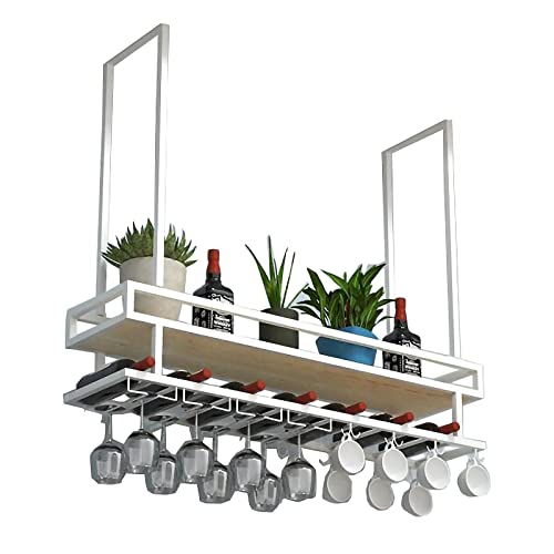 EYLINK Wine Glass Holder, Rustic Ceiling Mount Wine Rack, 2 Tier Hanging Industrial Wine Rack with Guard Rail, Wall Mounted Bottle Holder Glass R