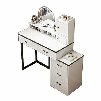 HAWEWE Makeup Vanity Desk Set With Lighted Mirror And Side Cabinet 3 Brightness Adjustable Extendable Modern Dressing Table For Girls Wife Daught