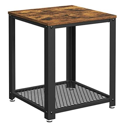 VASAGLE Side Table, End Table, Coffee Table with Mesh Shelf, Steel Frame, Easy Assembly, Industrial, in Living Room, Bedroom, Rustic Brown and Bl