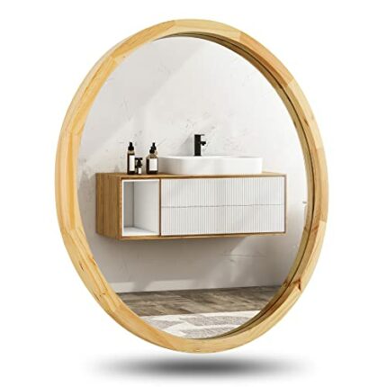 JIYUERLTD Round Mirrors 24inch Wall Mirrors Decorative Wood Frame Morden Mirrors for Bathroom Entryways Living Rooms and More. (Natural wood)