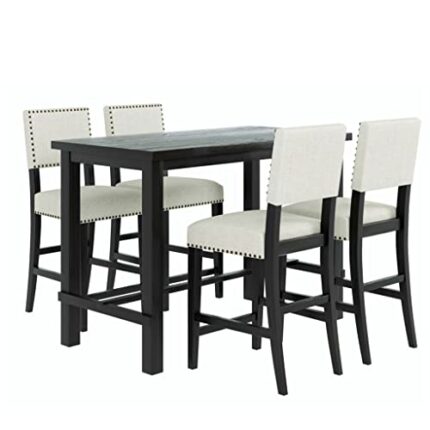 FEER 5 Piece Counter Height Dining Table Set Black Table And 4 Chairs Furniture In Beige