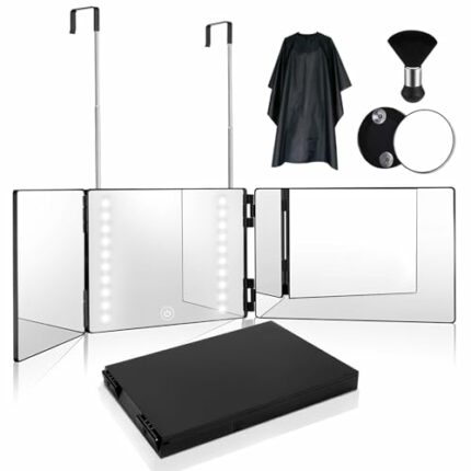 3 Way Mirror, 360 Mirror with LED Lights Self Cut Hair, Trifold Vanity Mirror, Back View Mirror with Height Adjustable Telescoping Hooks for Self