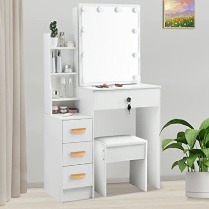 Saihemei Vanity Desk, Makeup Table with Mirror and Lights, Bedroom Table Vanity Set with 4 Drawers, 3 Lighting Modes Brightness Adjustable for Wo