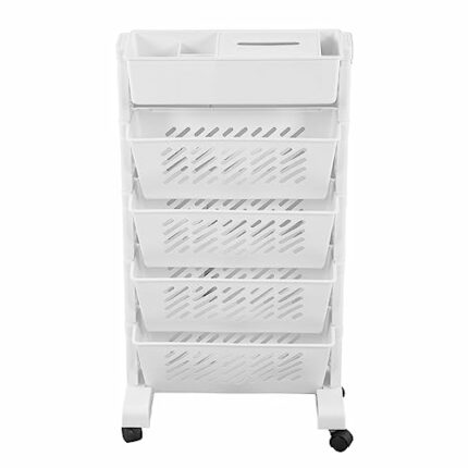 YWBL-WH White Storage Organizer Shelf Removable Plastic Movable Bookshelf Storage Shelving Unit 5 Tiers Mobile Shelving Unit for Home Study Room