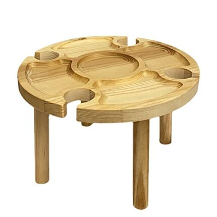 Fiacvrs Portable Wine Table, 2 In 1 Folding Wooden Picnic Table, Wine Lover Gift, Snack&Fruit Tray for Party, Picnic, Camping, Beach(Round Legs,3