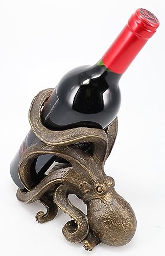 Top Brass Octopus Wine Bottle Holder - Tabletop Bar Counter Decorative Nautical Art Display - Kraken Statue Sculpture