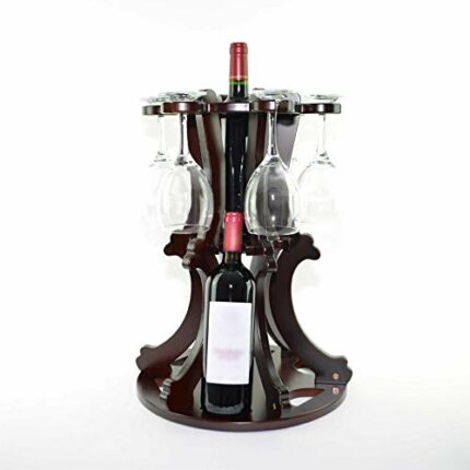 Shatchi 1826-WINE-GLASS-HOLDER 18" Wooden Holder Display Stand Wine Organizer Storage Rack 7 Bottle 6 Glasses New Home Gifts Bar Decorations, Bro