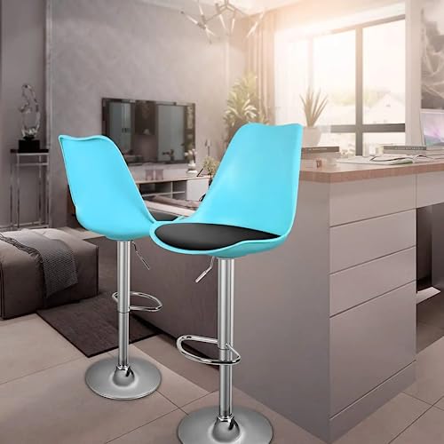 MoNiBloom Set of 2 Modern Blue PU Leather Bar Stools, Height Adjustable Plastic Barstools with Comfortable Cushion, 360° Swivel High Back Bar Cha