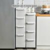 OPSREY Small Bathroom Storage Corner Floor Cabinet, Narrow Bath Sink Organizer with Drawers and Casters, Toilet Paper Organizer Cabinet