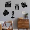 5 Pieces Movie Theater Decor Wooden Home Theater Room Decor Cinema Wall Art Movie Reel Theater Action Popcorn Ticket Sign Movie Night Decor Theme