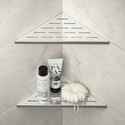 Bernkot Corner Shower Shelf 10" Polished 304 Stainless Steel Recessed Corner Shelves with Slot Design Bathroom Shelf Racks for Tiled Wall, No Dri