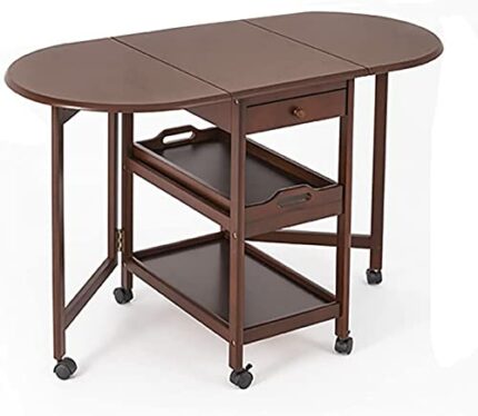 DISHENGZHEN Drop Leaf Folding Dining Table, Mobile Writing Desk Workstation Home Office Furniture w/Casters Space Saving Teak Colour, Kitchen Car
