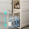 Toilet Side Storage Cabinet, Narrow Bathroom Floor Cabinet with 4 Drawers and Casters Freestanding Slim Drawer Storage Tower Easy Pull Handle for