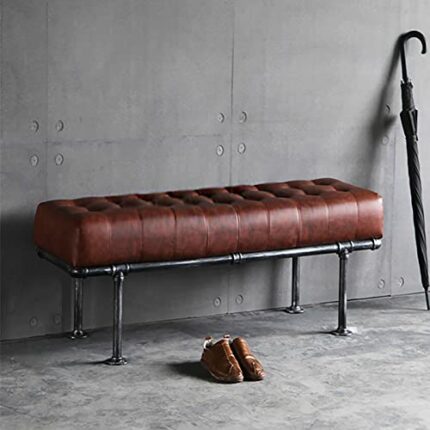 Industrial Metal Bench Entryway Bench,Comfy Leather Shoe Bench Upholstered Bench Seat,Modern Multifunction Bedroom Bench Dining Bench-Brown 120x4
