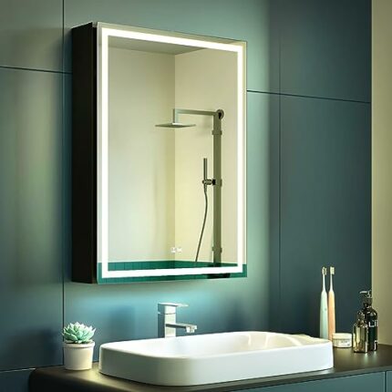 KWW 50 x 70 cm LED Lighted Bathroom Medicine Cabinet with Mirror, Defogger, Dimmer, 3 Color Light Makeup Mirror, Outlets & USBs, Easy to Install,