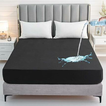 DuShow Black Waterproof Fitted Sheet Double Deep Pocket Brushed Microfiber Solid Mattress Protector Bed Cover Double-138 * 190 * 35cm