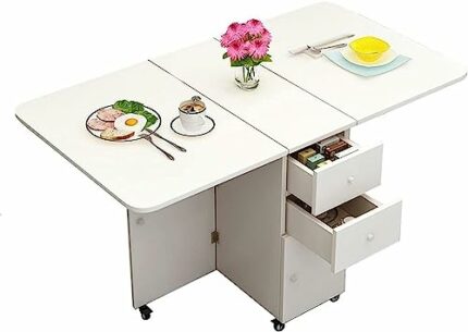 Shykey Drop Leaf Table, Movable Folding Dining Table, Multifunctional Extendable Kitchen Table, Round Edge, Storage with Drawer, for Dining Room,