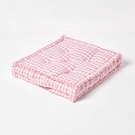 HOMESCAPES Pink & White GINGHAM Check Floor Cushion - 100% Cotton - 40 x 40 x 8 cm Square - Indoor - Garden - Dining chair booster Seat Cushion P