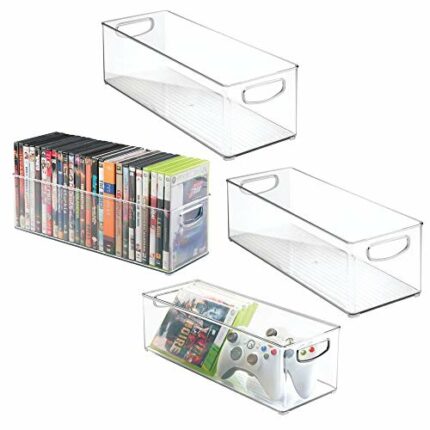 mDesign Set of 4 DVD Storage Container - DVD Holder with Grip - Plastic - DVD Storage Box for DVDs, CDs and Video Games - 40.6 cm x 14.6 cm x 12.