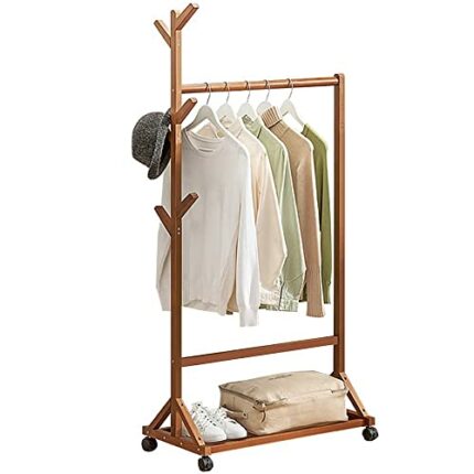 Clothes rack on wheels, bamboo coat rack, clothes rack with clothes rail and tree-shaped hooks, clothes rack with shelves, bamboo clothes rack fo