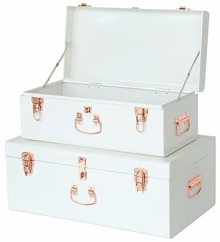 Vixdonos Decorative Large Metal Box Storage Trunk Chest Set of 2 Kids' Toy Organizer with Hardware Hasps and Handle for Home Deocr