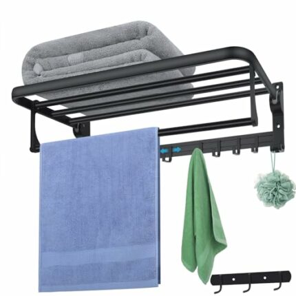60cm Towel Rack with Towel Bar Holder Foldable Towel Shelf with Movable Hooks Rustproof Towel Storage Wall Mount for Bathroom Lavatory Black