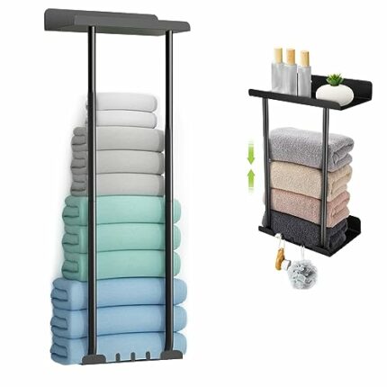 Towel Rack Wall Mounted, 75cm Adjustable Bathroom Towel Storage with Shelf and 3 Hooks for Small Bathroom, Hold 6 Large Bath Sheets, 2 Rail Towel