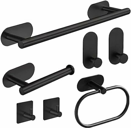 HASA Zone Black Bathroom Accessories Set of 7, 42 CM Towel Rail Wall Mounted, Towel Holders For Bathrooms Toilet Roll Holder Self Adhesive Hooks